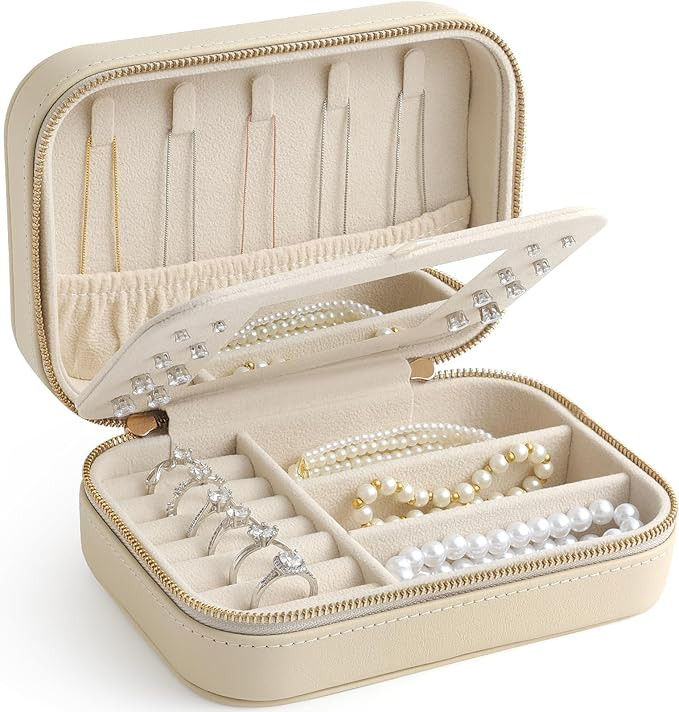 Genuine Leather Travel Jewelry Organizer Case with Mirror for Women, Small Mini Portable Jewelry ... | Amazon (US)