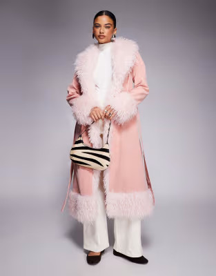 Kaiia exclusive faux fur trim penny lane maxi coat in dusky pink | ASOS (Global)