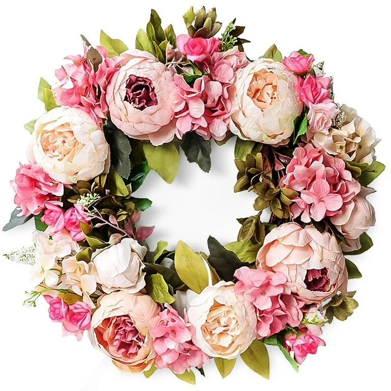 YouZe Peony Wreath - 15" Flower Wreaths for Front Door Peonies Wreath with Green Leaves Spring Wr... | Walmart (US)