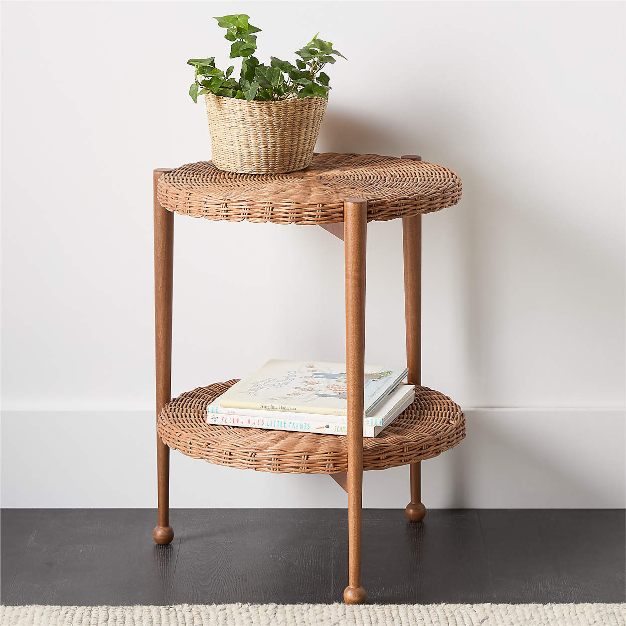 Margot 18" Wicker and Brown Wood Round Nursery Side Table | Crate & Kids | Crate & Barrel