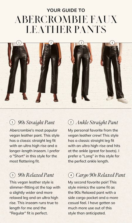 Your guide to Abercrombie’s Faux Leather Pant styles! I take 1 size up (30) for a comfier fit and prefer the regular to the Curve Love for these styles  Pay attention to length details!! Code DENIMAF for 40% off  

#LTKFind #LTKsalealert #LTKSeasonal