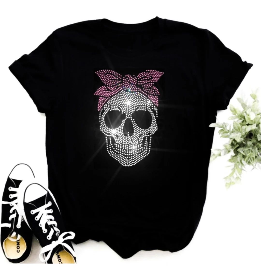 Skull Bling Tee Sugar Skull T-shirt Rhinestone Crystal - Etsy | Etsy (US)