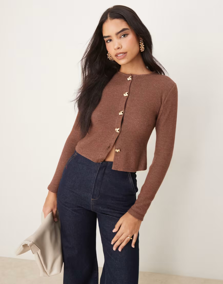 ASOS DESIGN cozy supersoft cardigan with gold button detail in brown | ASOS (Global)