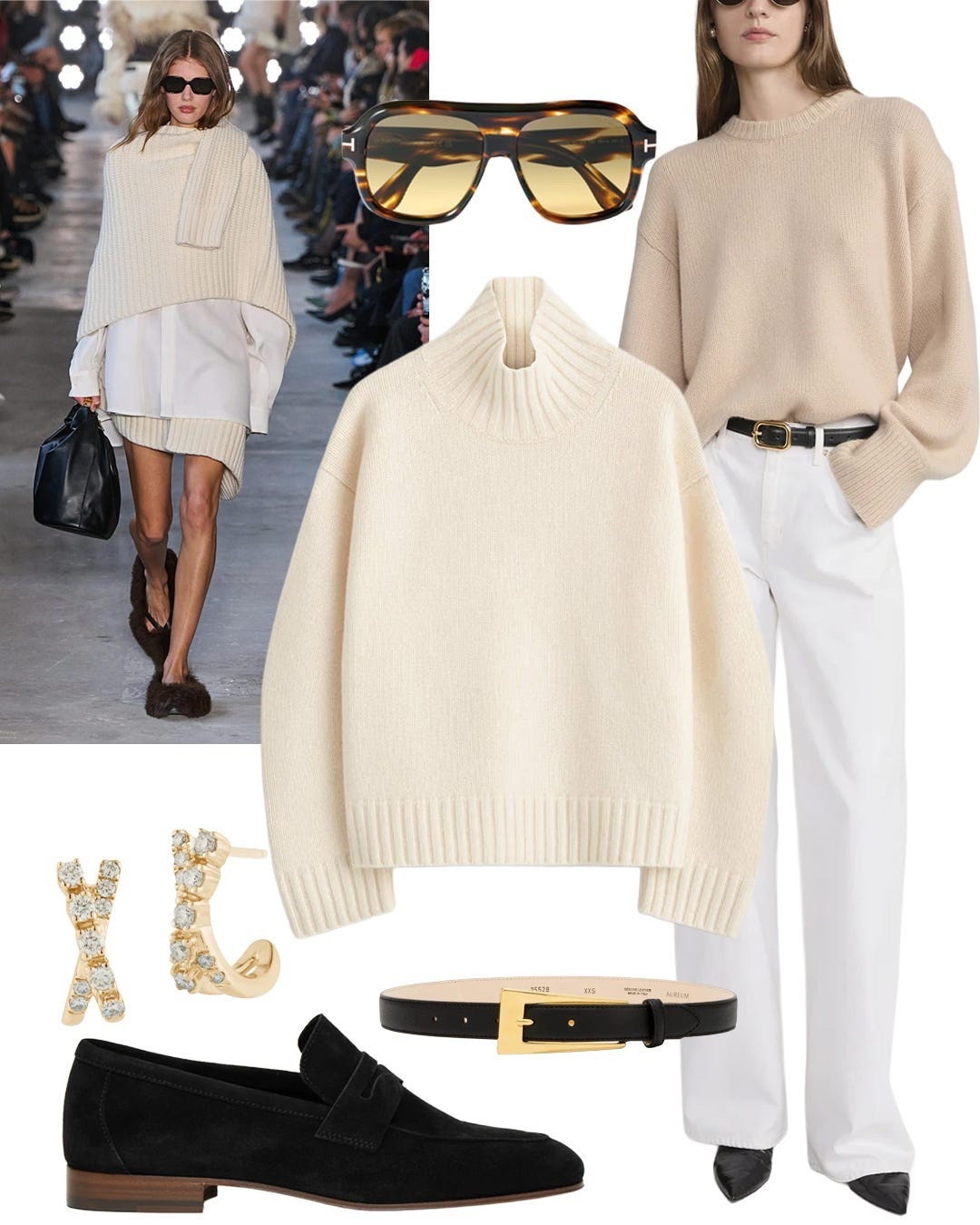 JANUARY STYLE WITH WHITE DENIM: ANCHOR WHITE WITH BLACK: When I don’t need the weight of a coat, a thick cashmere knit suits me. My go-to is COS for quality and value. For me, this is a year-round item. Summer fog along the coast warrants it for chilly mornings and cool nights. I like a lighter weight to toss over my shoulders as a wrap. This from Frame is pretty. I like to keep the rest of this look understated with mindfully selected pieces - Dana Rebecca diamond earrings bring the right amount of quiet sparkle, while a polished belt and tortoise sunglasses (I’ve had my eye on these for a while) read both current and classic. Black loafers with a warm wood heel (from M. Gemi - another shoe that requires zero break-in time) anchor the outfit. 

#LTKOver40 #LTKSeasonal