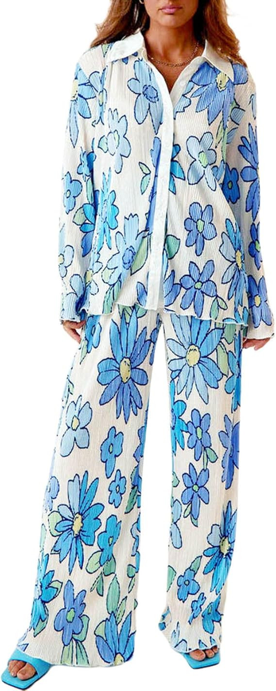 Tsnbre Women 2 Piece Pleated Pants Set Floral Print Button Down Long Sleeve Shirt Blouses Tops+Wi... | Amazon (US)