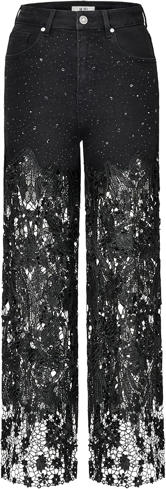 JW PEI Women's Embroidery High Rise Wide Leg Lace Denim Jeans with Rhinestone | Amazon (US)