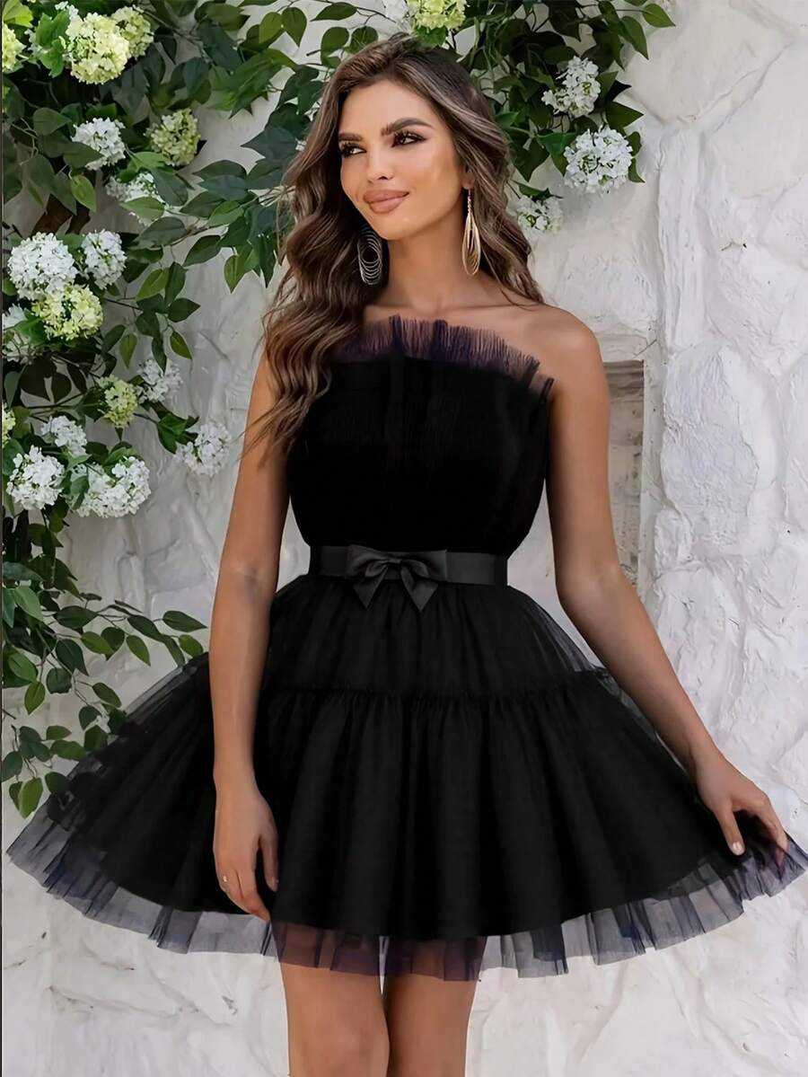 Elegant Off-The-Shoulder Black Tulle Dress With Bow Details - Perfect For Weddings, Parties And F... | SHEIN