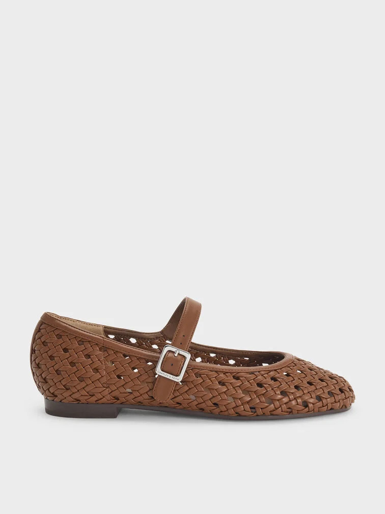 Woven Mary Jane Flats - Brown | Charles & Keith UK