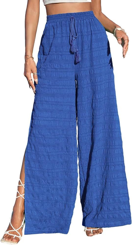 Dokotoo Casual Wide Leg Pants for Women Elastic High Waist Tie Drawstring Side Split Pants | Amazon (US)