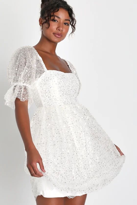 Magic Sparkle White Beaded Sequin Puff Sleeve Mini Dress | Lulus (US)