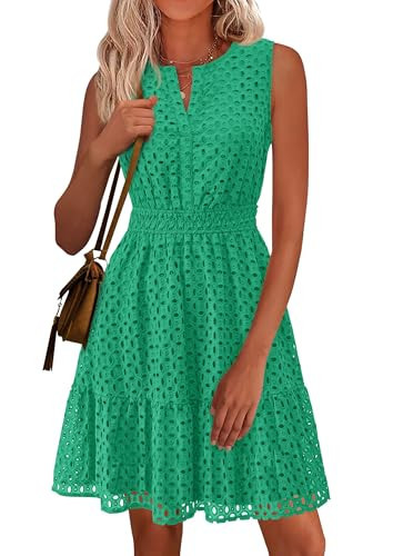 PRETTYGARDEN Women's Summer Dresses 2026 Sleeveless V Neck Eyelet Hollow Out Swing A Line Beach Vacation Sun Dress (Green,Large) | Amazon (US)