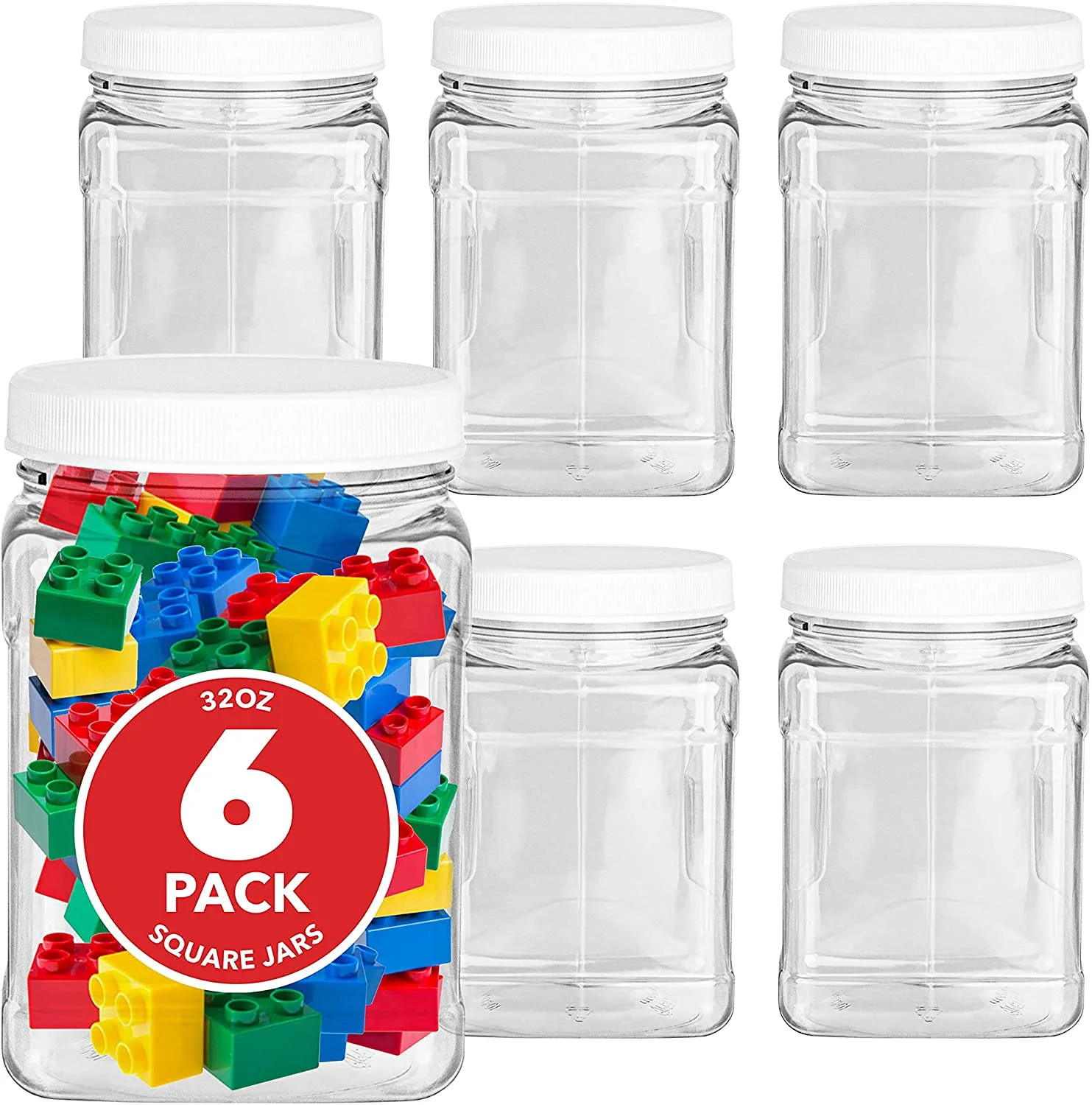 Plastic Storage Jars (6 Pack) - 32 Oz Square Plastic Canisters with Lids - Shatterproof Plastic S... | Walmart (US)