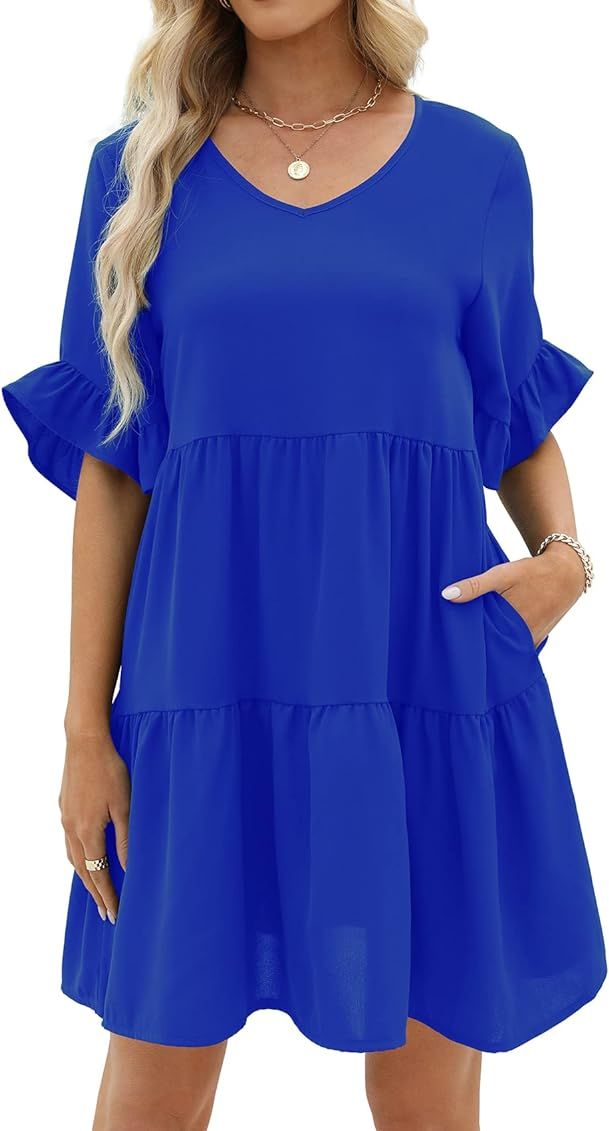 SAMPEEL Womens Dresses Ruffle Sleeve V Neck Babydoll Loose Fit Mini Dress with Pockets | Amazon (US)