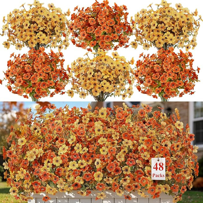 Alupssuc 48 Bundles Artificial Fall Flowers, UV Resistant Faux Mums Porch | Amazon (US)