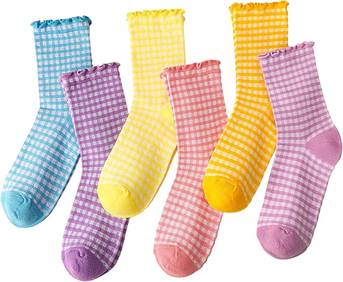 Women Ruffle Striped Frilly Socks, 6/10 Pairs Cute Checkered Ankle Sock for Women, Cotton Casual ... | Amazon (US)