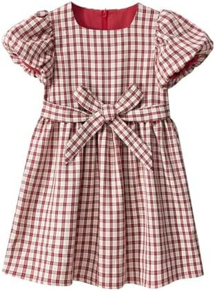 Little Bitty Toddler Girls Plaid Dress Puffy Sleeves - Gingham Summer Party Dress Bow Belt Birthd... | Amazon (US)
