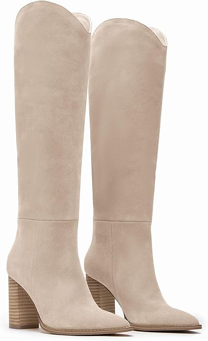 Knee High Boots Women Pull on Pointed Toe Fall Boots Slouchy Tall Wide Calf Chunky Heels Winter D... | Amazon (US)