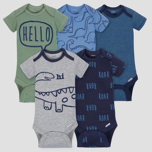 Gerber Baby Boys' 5pk Short Sleeve Onesies Bodysuit Dino - Blue | Target
