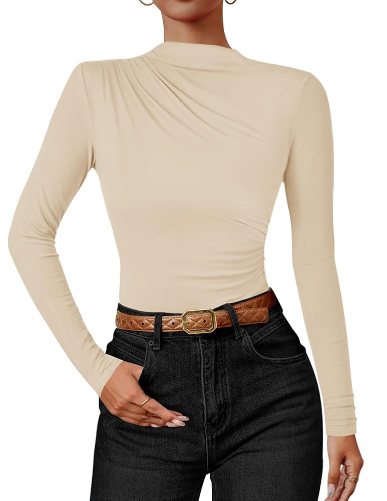 ZESICA Women's Long Sleeve Tops Mock Neck Ruched Tight Shirts 2025 Fall Trendy Outfits | Amazon (US)
