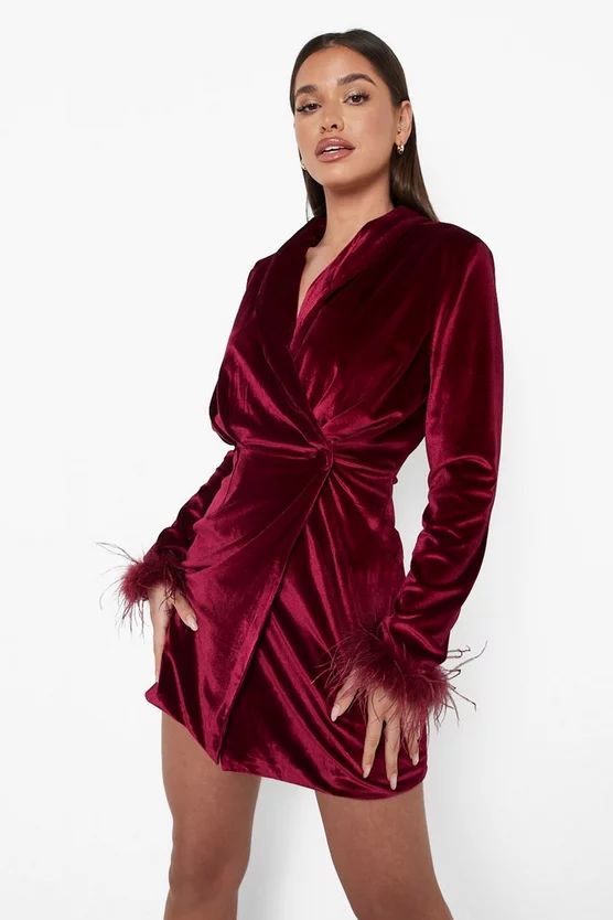 Velvet Feather Trim Wrap Blazer Dress | Boohoo.com (US & CA)