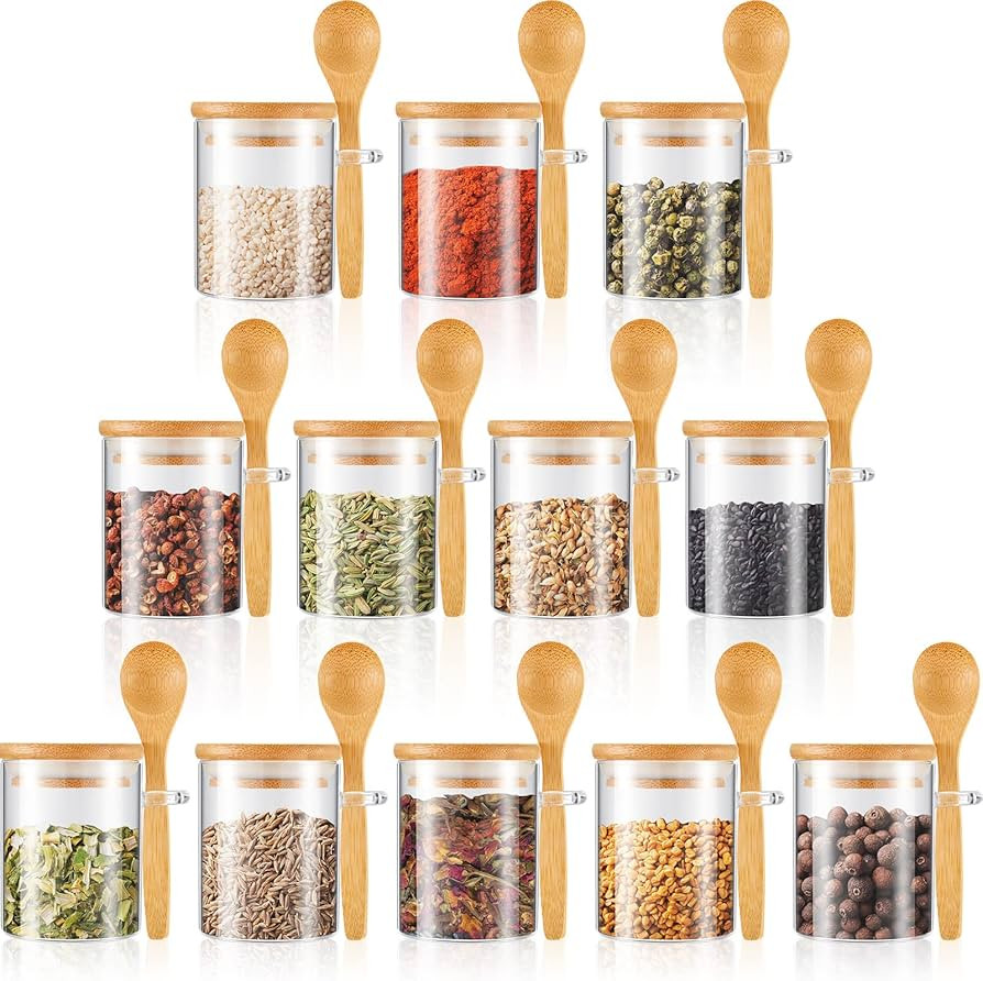 Set of 12 Airtight Glass Jars with Bamboo Lids and wood Spoons 6 oz Clear Glass Canisters Sugar C... | Amazon (US)
