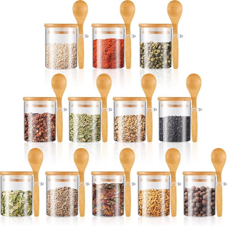 Set of 12 Airtight Glass Jars with Bamboo Lids and wood Spoons 6 oz Clear Glass Canisters Sugar C... | Amazon (US)