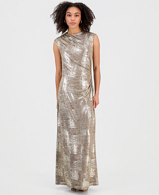 Women's Metallic Jersey Ruched Sleeveless Gown | Macy's