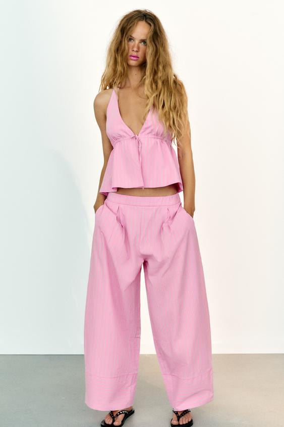 STRIPED POPLIN WIDE LEG PANTS | Zara US