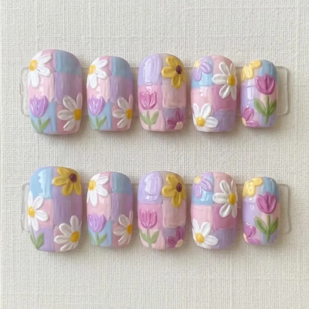 3D Pastel Spring Floral Press On Nails | Kawaii Cottagecore Daisy Tulip Art | Etsy (US)