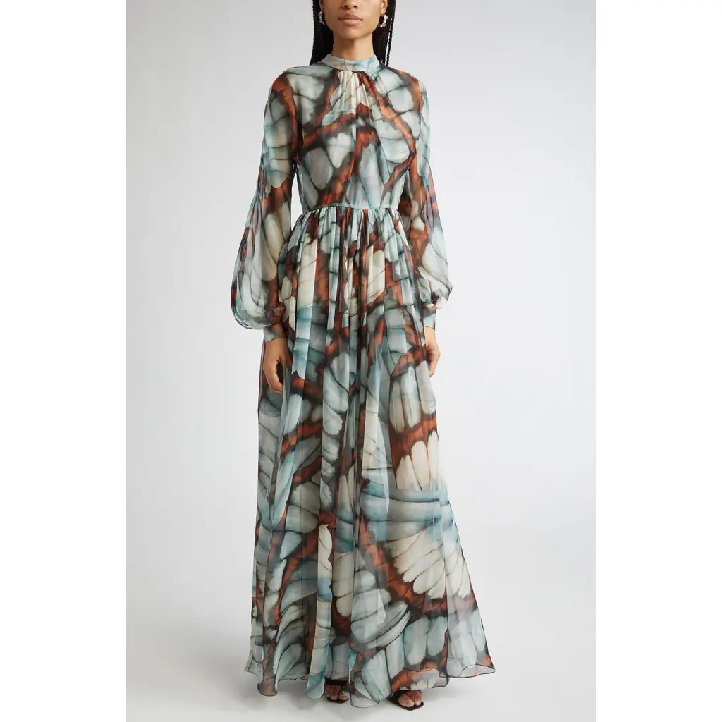 Oscar de la Renta Butterfly Print Long Sleeve Silk Chiffon Gown in Blue Multi at Nordstrom, Size 8 | Nordstrom