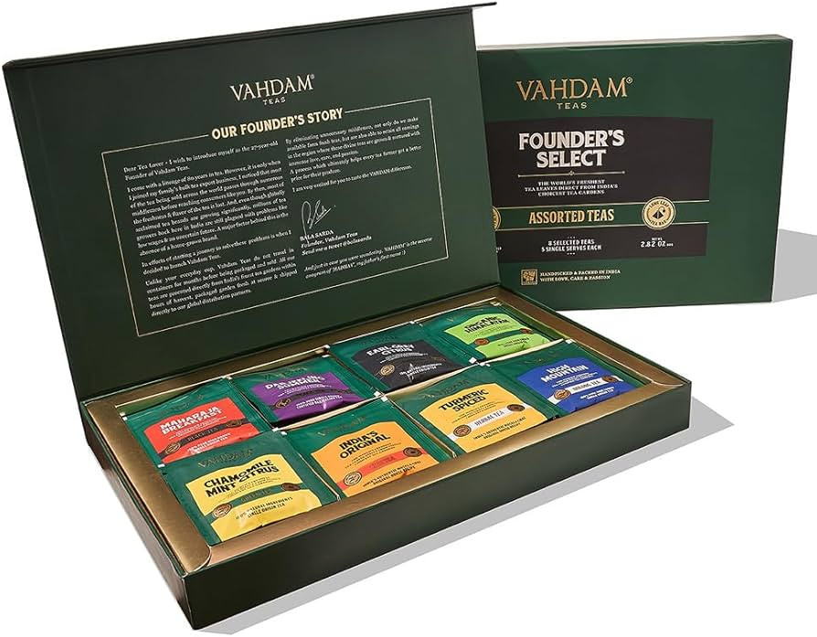 VAHDAM, Assorted Tea Bag Sampler (8 Tea Flavors, 40 Tea Bags Gift Sets) Christmas Gifts | Natural Ingredients - Black Tea, Green Tea, Oolong Tea, Chai Tea, Herbal Tea | Tea Bags Variety Gift Box | Amazon (US)