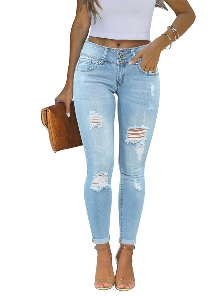 KUNMI Women's Skinny Ripped Trendy Jeans Distressed Stretchy Denim Pants | Amazon (US)