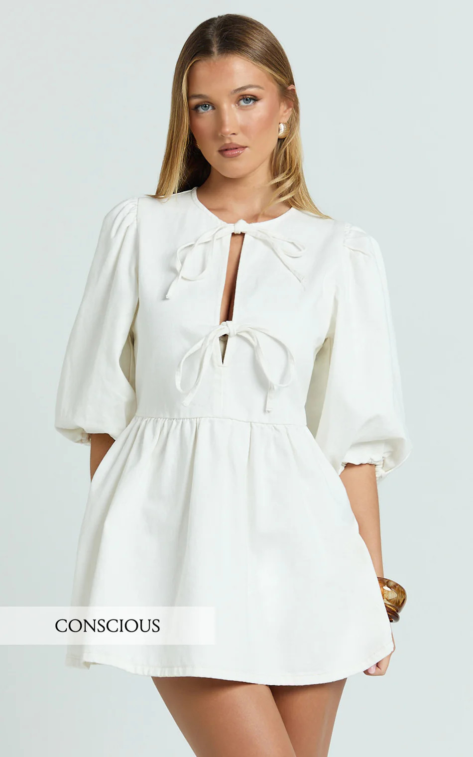 Shailene Mini Dress - Tie Front Puff Sleeve Recycled Denim Dress in Ecru | Showpo (US, UK & Europe)