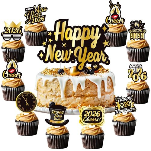 Happy New Year Cake Topper 73pcs Black Gold 2026 Cupcake Toppers for 2026 New Year's Eve Party Decoration Suppiles | Amazon (US)