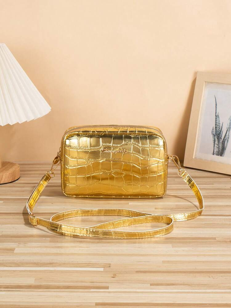 Fashionable Lightweight Gold Crocodile Pattern Women's Crossbody Bag, Adjustable Shoulder Strap Camera Bag, Zipper Closure Coin Purse, Suitable For Daily Commute And Party, Best Gift Choice | SHEIN