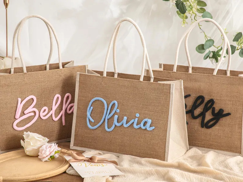 Personalized Burlap Tote Bag With Charm, Bridesmaid Gift Bags, Custom Burlap Bags, Monogram Beach... | Etsy (Global)