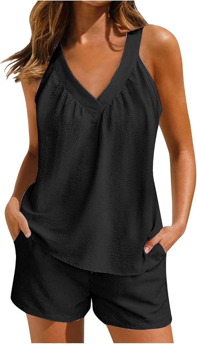 Co Ord Sets for Women Summer Two Piece Outfit Homewear Loungewear V Neck Sleeveless Tunic Tops wi... | Amazon (UK)