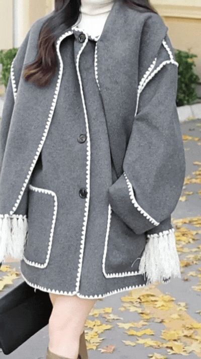 Light Grey Contrast Drop Shoulder Wool-Blend Tweed Coat with Scarf | J.ING