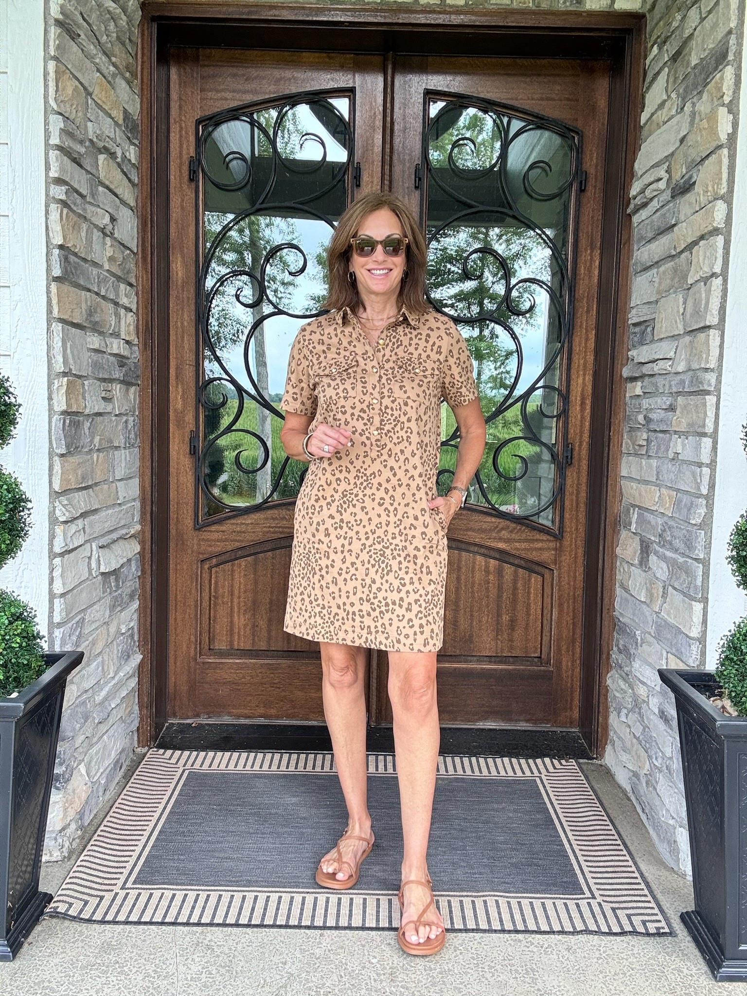 Wearing size medium In the leopard dress. It’s generously sized so if between sizes consider sizing down. 

You could also wear heeled or flat mules. Dress it up or down

Leopard 
Mini dress
Outfit idea
Ageless style 
Styling tip

#LTKootd #LTKSeasonal #LTKTall