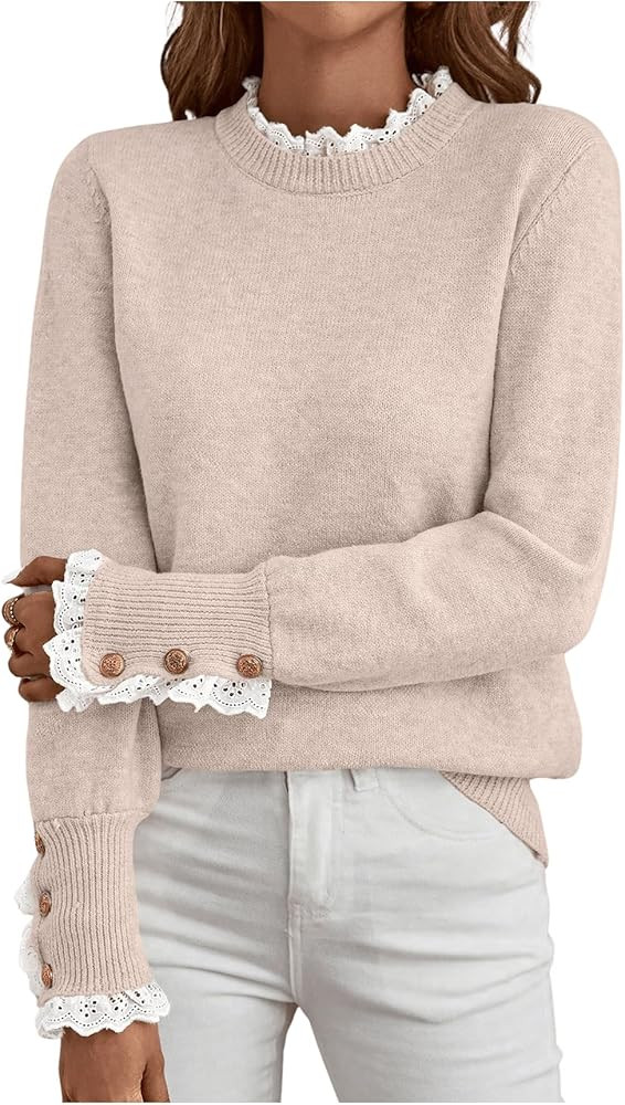 MakeMeChic Women's Fall Sweaters Lace Peplum Mock Neck Cozy Sweater Pullover | Amazon (US)