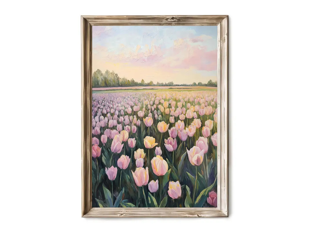 Printable Pink Tulip Field Wall Art, Vintage Oil Painting Digital Download, Spring Art Bloom Deco... | Etsy (US)