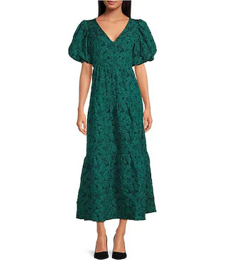 Sugarlips Arielle Jacquard V Neck Short Puff Sleeve Tiered Maxi Dress | Dillard's | Dillard's