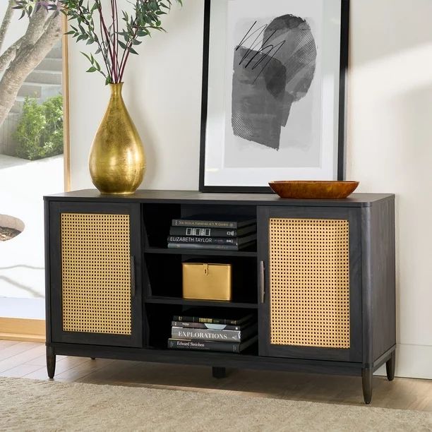 Better Homes & Gardens Springwood Cane TV Stand for TV's up to 65", Charcoal Finish | Walmart (US)