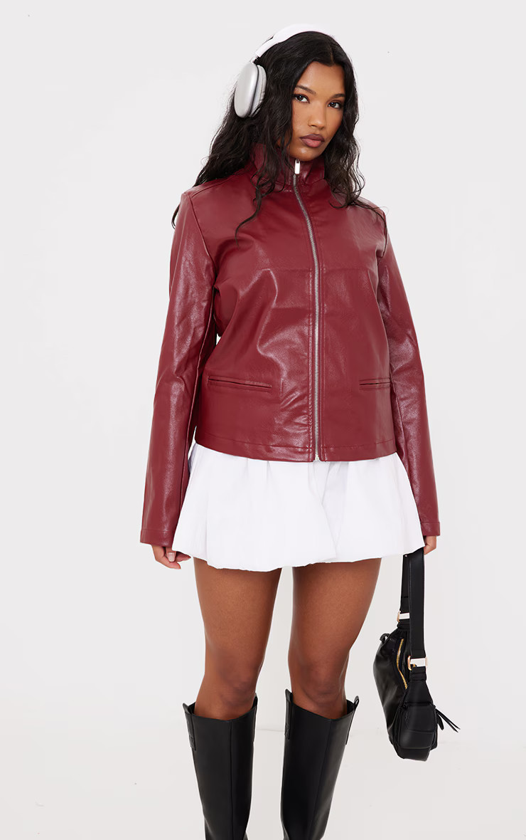 Cherry Red Faux Leather Longline Zip Up Jacket | Pretty Little Thing (Australia & New Zealand)