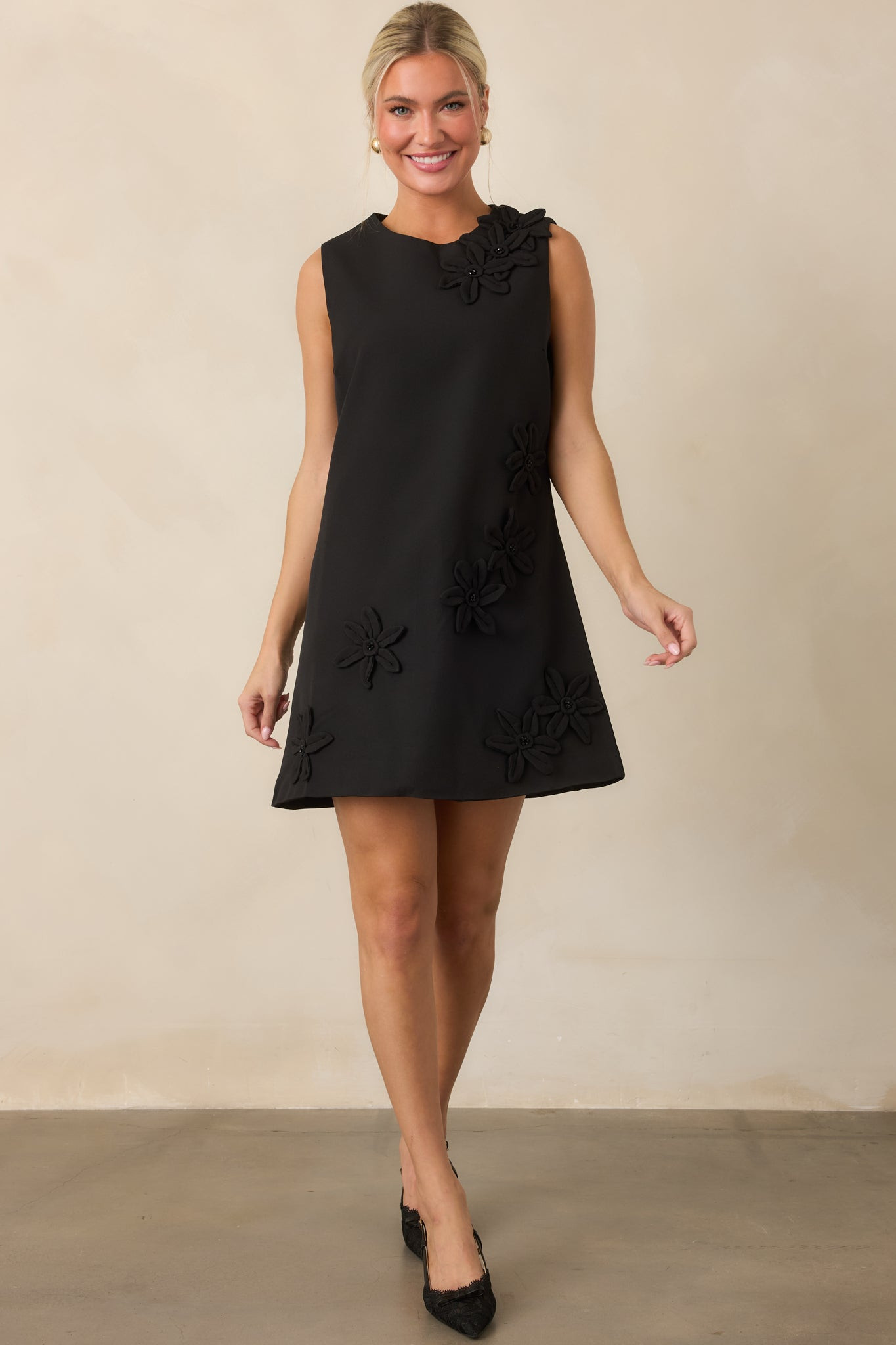 Every Last Detail Black Floral Appliqu\u00e9 Sleeveless Mini Dress | Red Dress