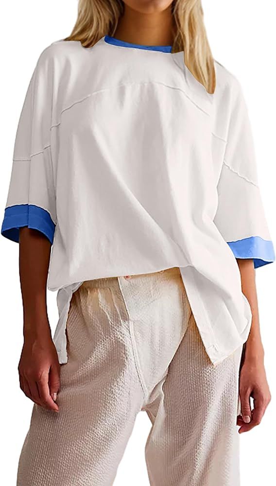 TERIVEEK Women Oversized Color Block Short Sleeve T Shirt Crewneck Patchwork Split Hem Shirt Casu... | Amazon (US)