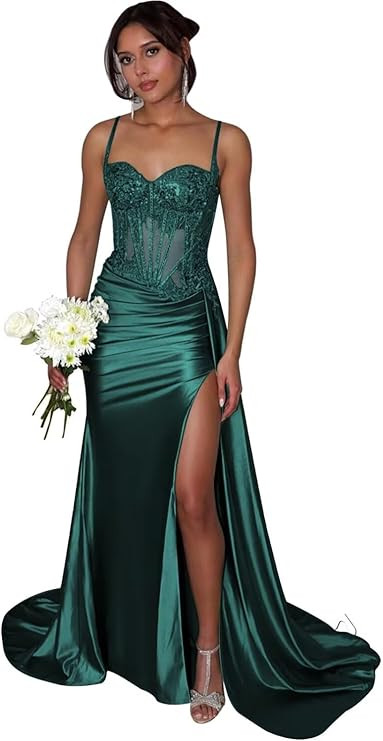 Lace Satin Prom Dresses for Women 2026 Long Mermaid Spaghetti Straps Formal Evening Party Gown wi... | Amazon (US)