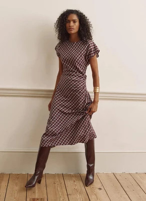 Burgundy Checked Ruched Midi Dress | Mint Velvet - US