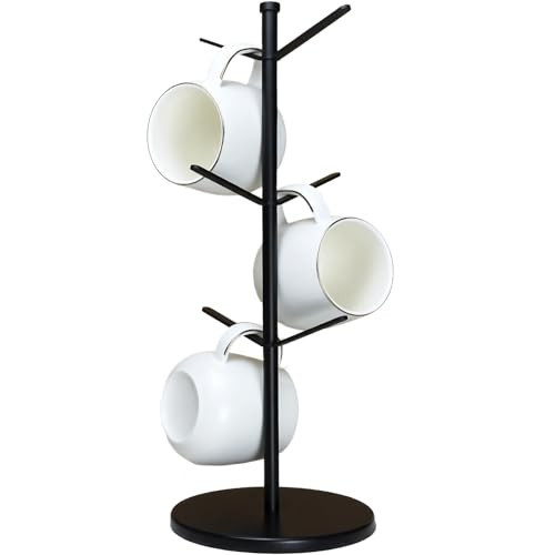 ZOMETUO Premium Mug Tree, 6 Hooks Upgraded Stable Metal Mug Holder, Bamboo Base Coffee Mug Cup Rack for Counter Top, Mug Display, Home Storage and Cup Organizer, Black | Amazon (US)