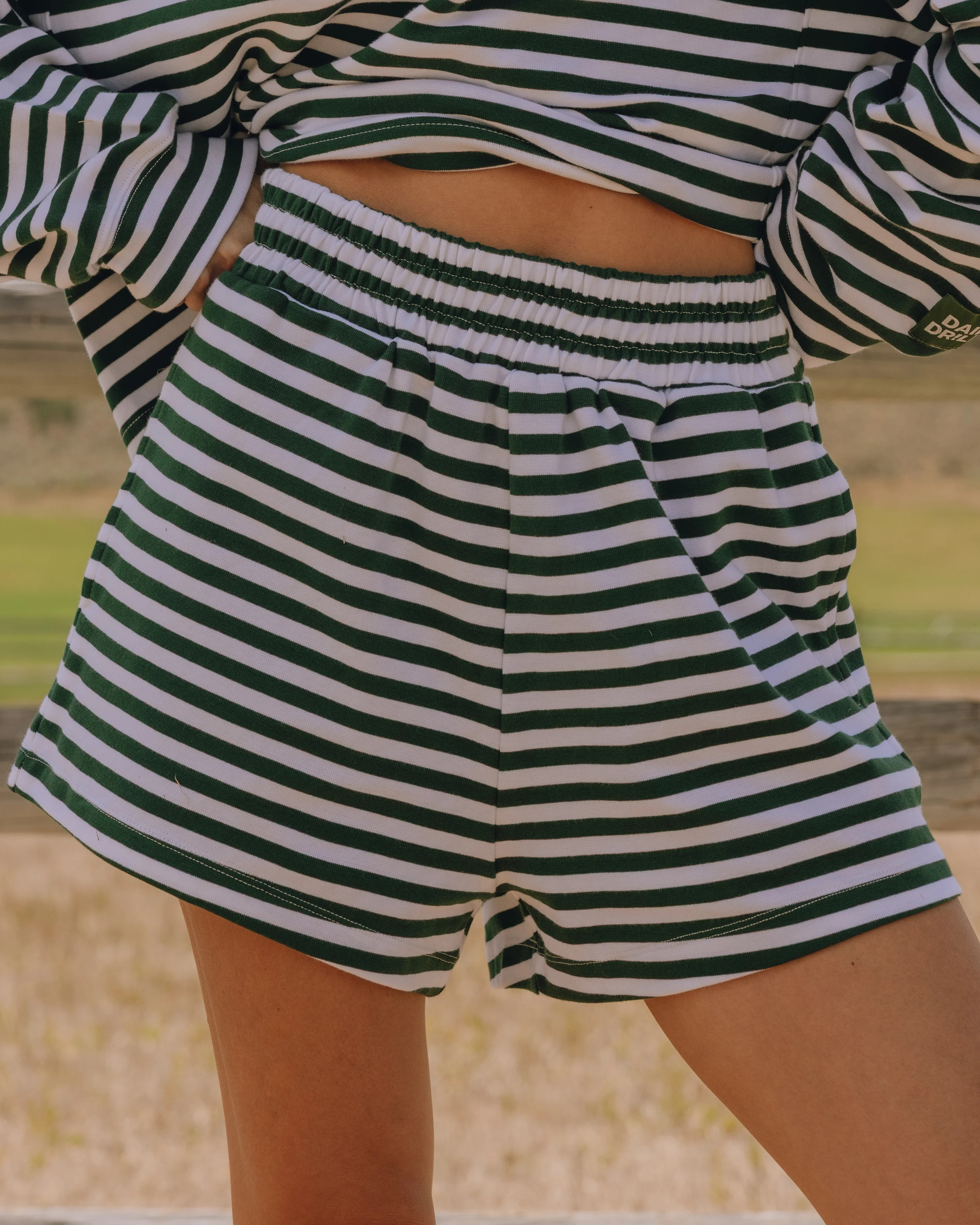 Striped Cotton Shorts - Forest Green + White Stripe | Daily Drills LLC